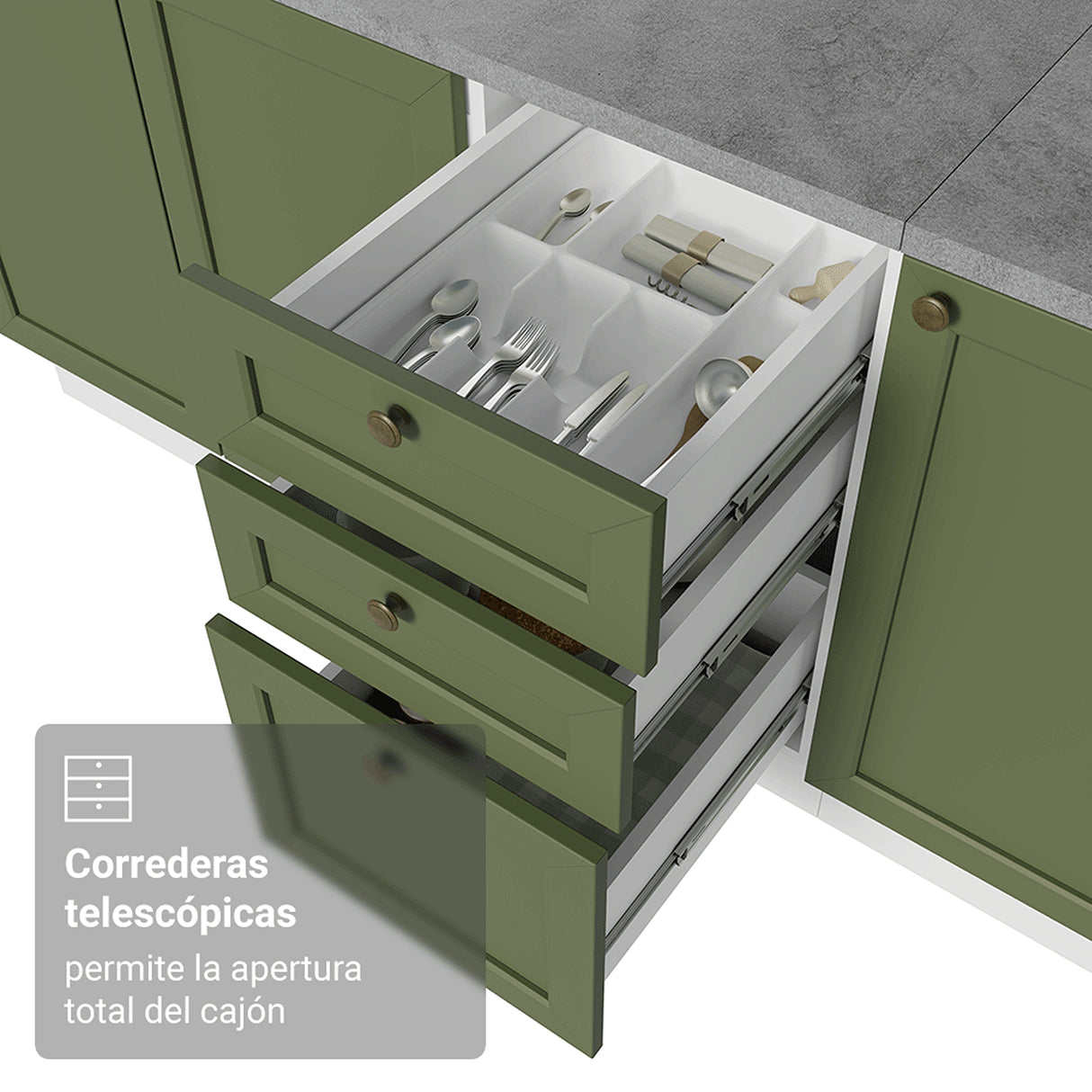 Gabinete de Cocina Vik Blanco y Verde 120x81cm sin Mesón sin Pozuelo y con Tres Cajones - MUEBLES INFERIORES DE COCINA | Bylmo