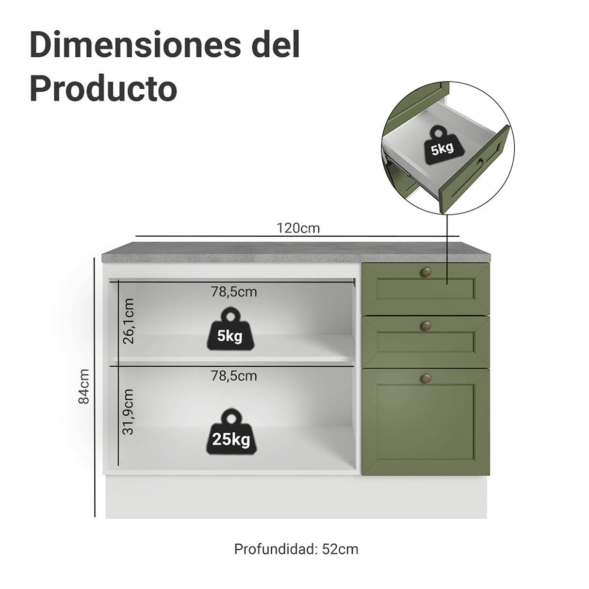 Gabinete de Cocina Vik Blanco y Verde 120x84cm con Mesón de Madera Aglomerada MDP sin Pozuelo y con Tres Cajones - MUEBLES INFERIORES DE COCINA | Bylmo