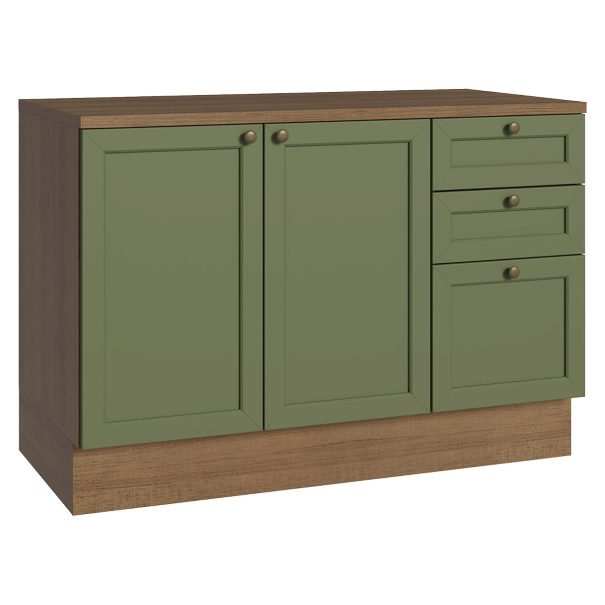 Gabinete de Cocina Vik Marrón y Verde 120x84cm con Mesón de Madera Aglomerada MDP sin Pozuelo y con Tres Cajones - MUEBLES INFERIORES DE COCINA | Bylmo