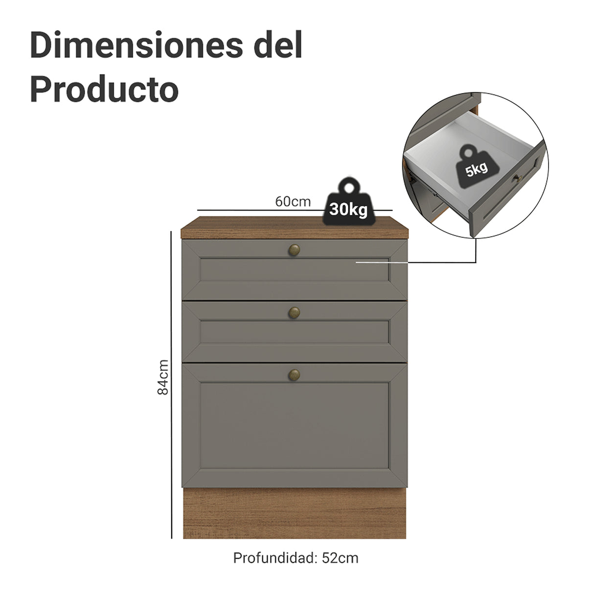 Gabinete de Cocina Vik Marrón y Gris 60x84cm sin Mesón sin Pozuelo y con Tres Cajones - MUEBLES INFERIORES DE COCINA | Bylmo