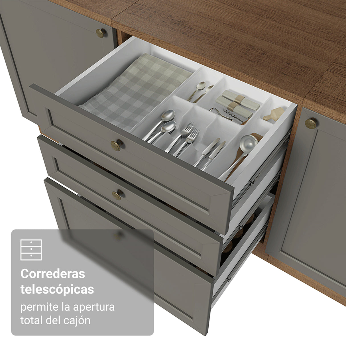 Gabinete de Cocina Vik Marrón y Gris 60x84cm sin Mesón sin Pozuelo y con Tres Cajones - MUEBLES INFERIORES DE COCINA | Bylmo