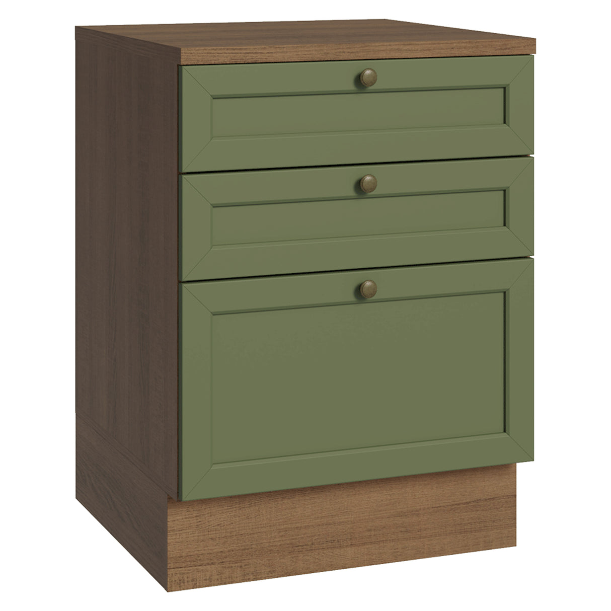 Gabinete de Cocina Vik Marrón y Verde 60x84cm sin Mesón sin Pozuelo y con Tres Cajones - MUEBLES INFERIORES DE COCINA | Bylmo