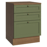 Gabinete de Cocina Vik Marrón y Verde 60x84cm sin Mesón sin Pozuelo y con Tres Cajones - MUEBLES INFERIORES DE COCINA | Bylmo