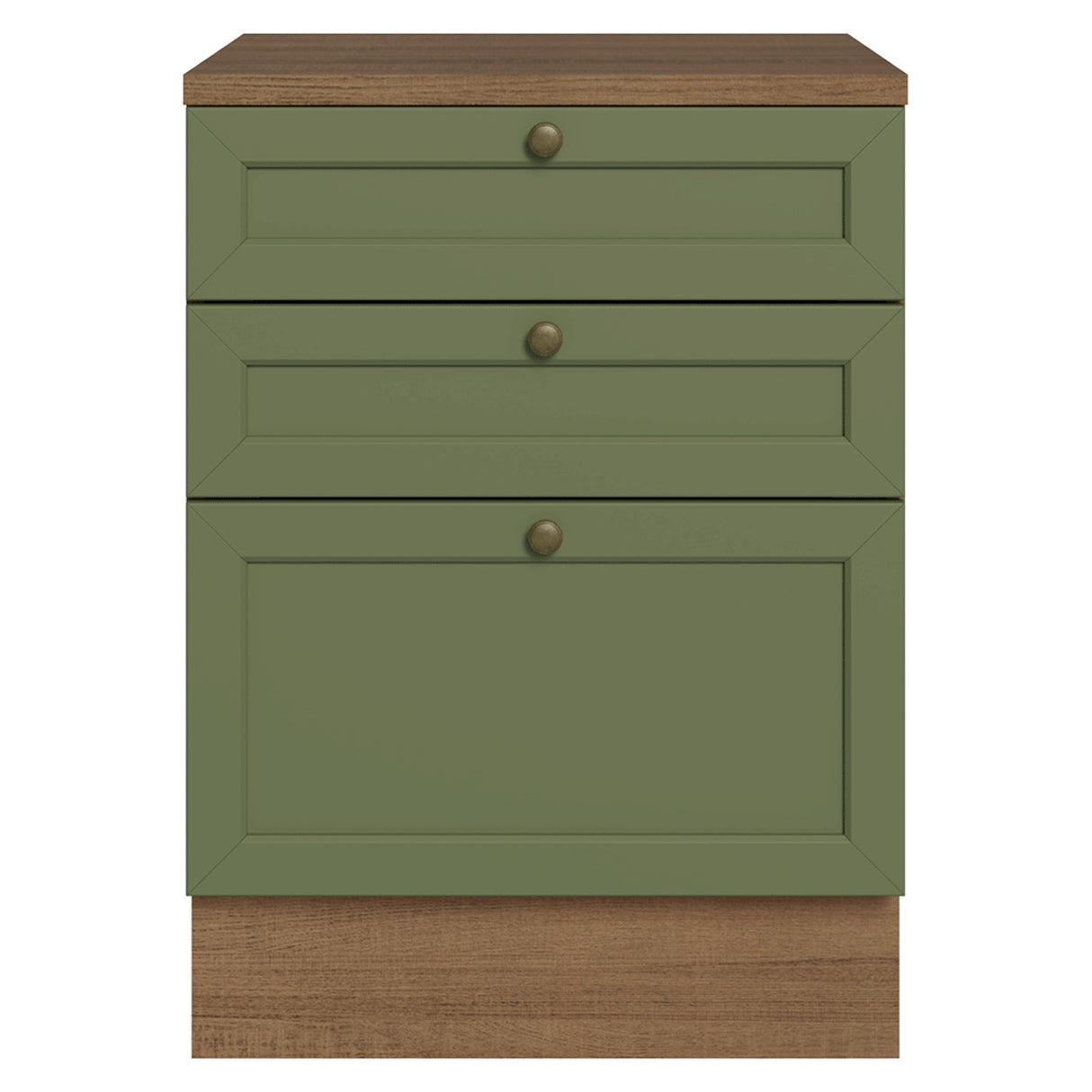 Gabinete de Cocina Vik Marrón y Verde 60x84cm sin Mesón sin Pozuelo y con Tres Cajones - MUEBLES INFERIORES DE COCINA | Bylmo