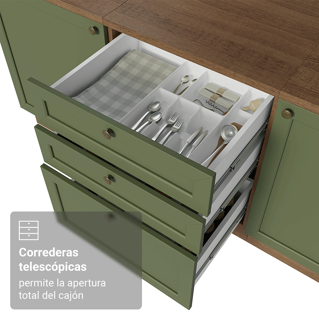 Gabinete de Cocina Vik Marrón y Verde 60x84cm sin Mesón sin Pozuelo y con Tres Cajones - MUEBLES INFERIORES DE COCINA | Bylmo