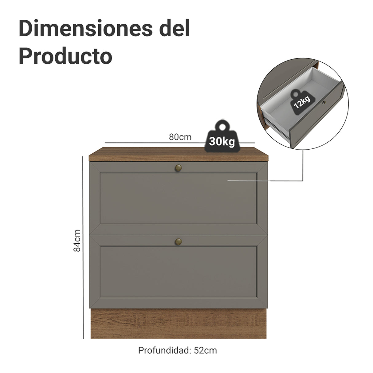 Gabinete de Cocina Vik Marrón y Gris 80x84cm sin Mesón sin Pozuelo y con Dos Cajones - MUEBLES INFERIORES DE COCINA | Bylmo