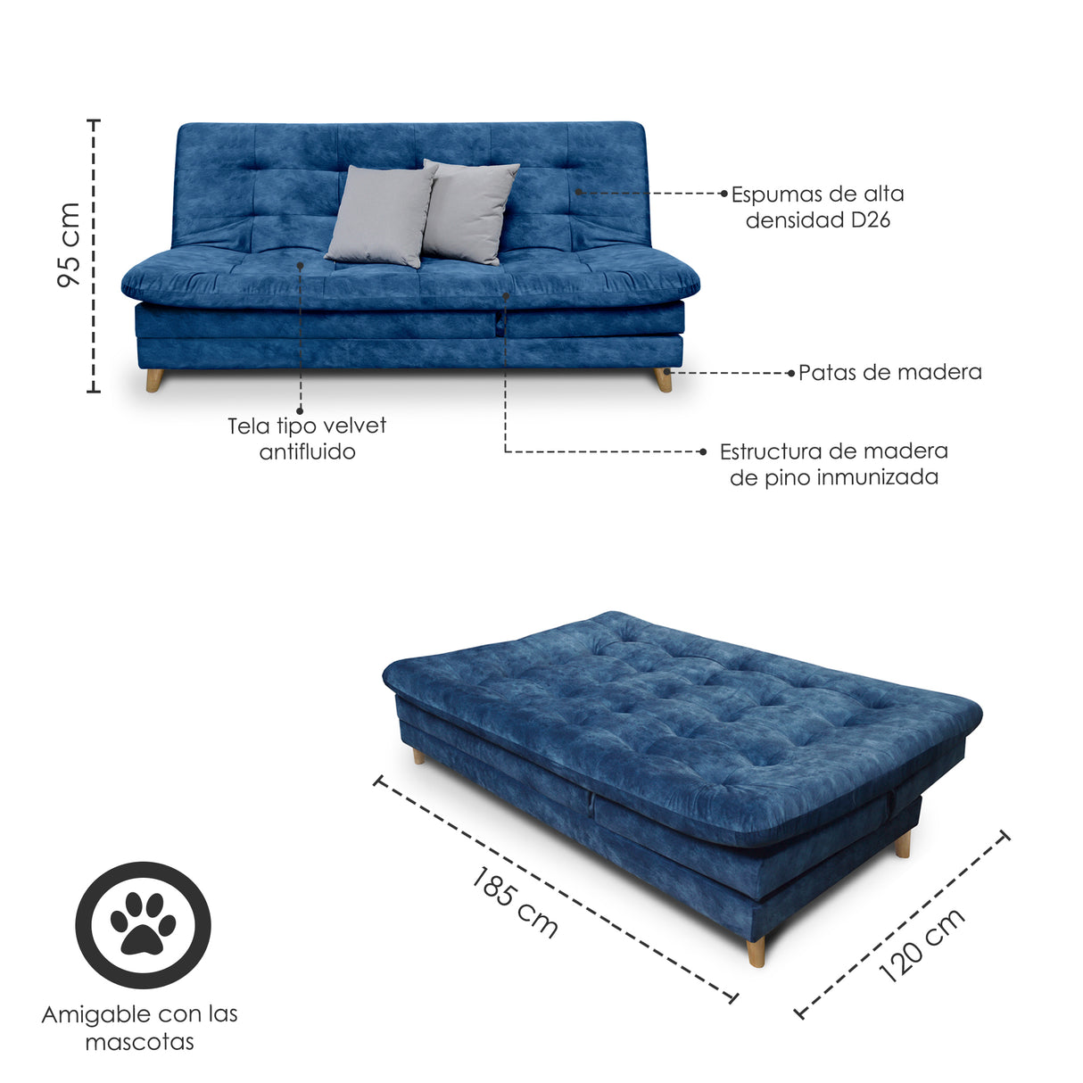 Sofá Cama Tarima Agassi Azul 190x95cm Reclinable de Tres Puestos sin Apoya Brazos - SOFAS Y POLTRONAS | Bylmo