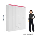 Closet Blanco y Rosa 153x182cm con Seis Puertas y Dos Cajones