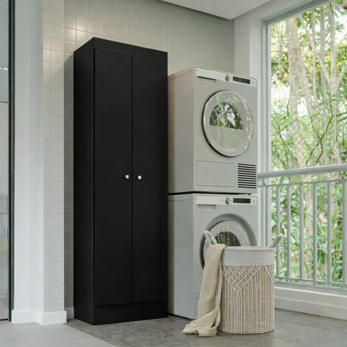 Mueble de Aseo Negro 55x185cm con Dos Puertas y Seis Compartimientos