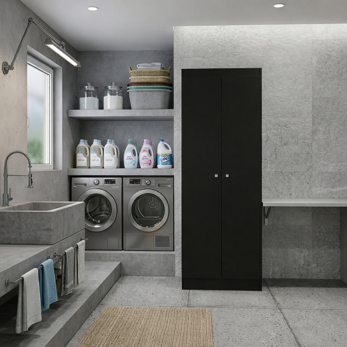 Mueble de Aseo Negro 55x185cm con Dos Puertas y Seis Compartimientos