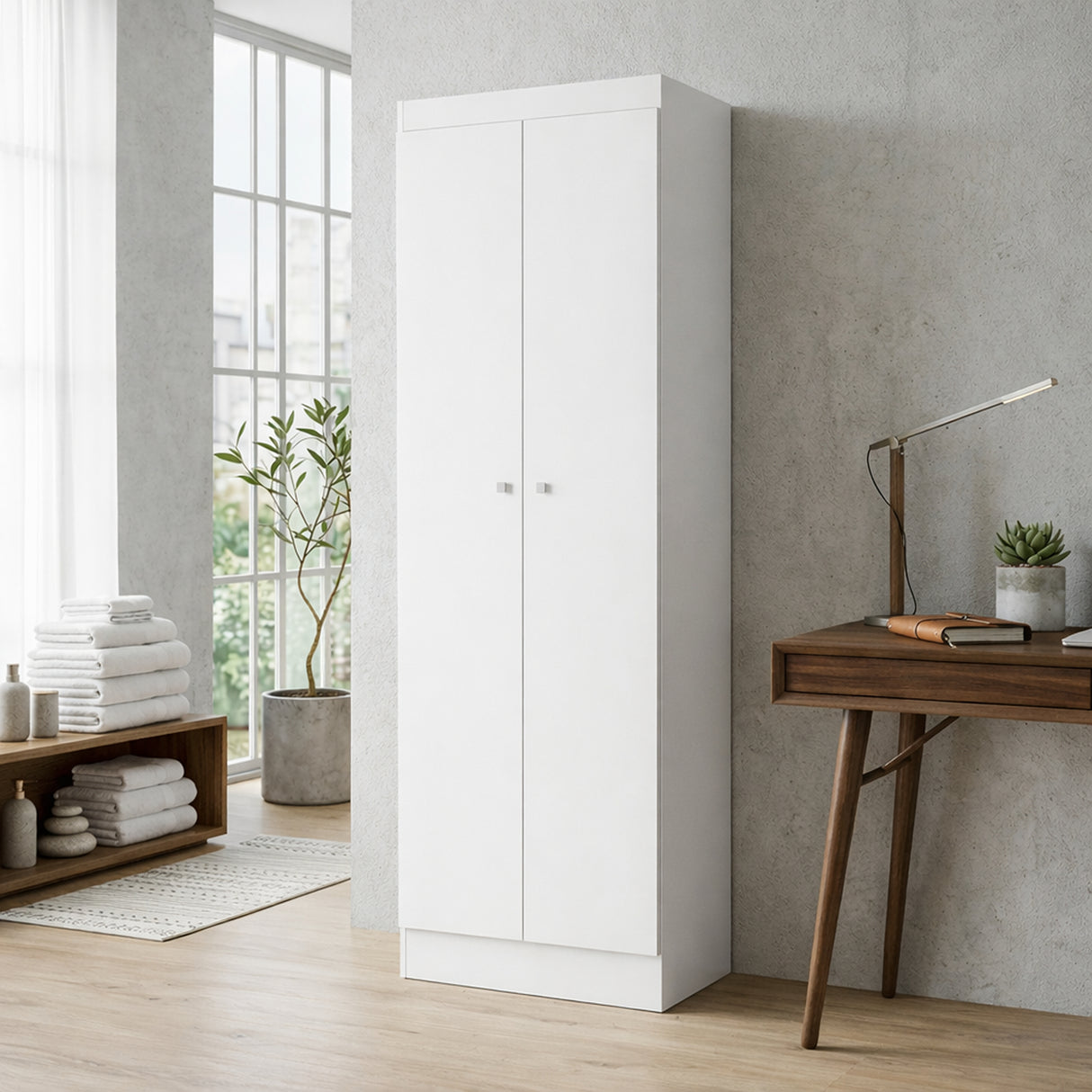 Mueble de Aseo Blanco 55x185cm con Dos Puertas y Seis Compartimientos