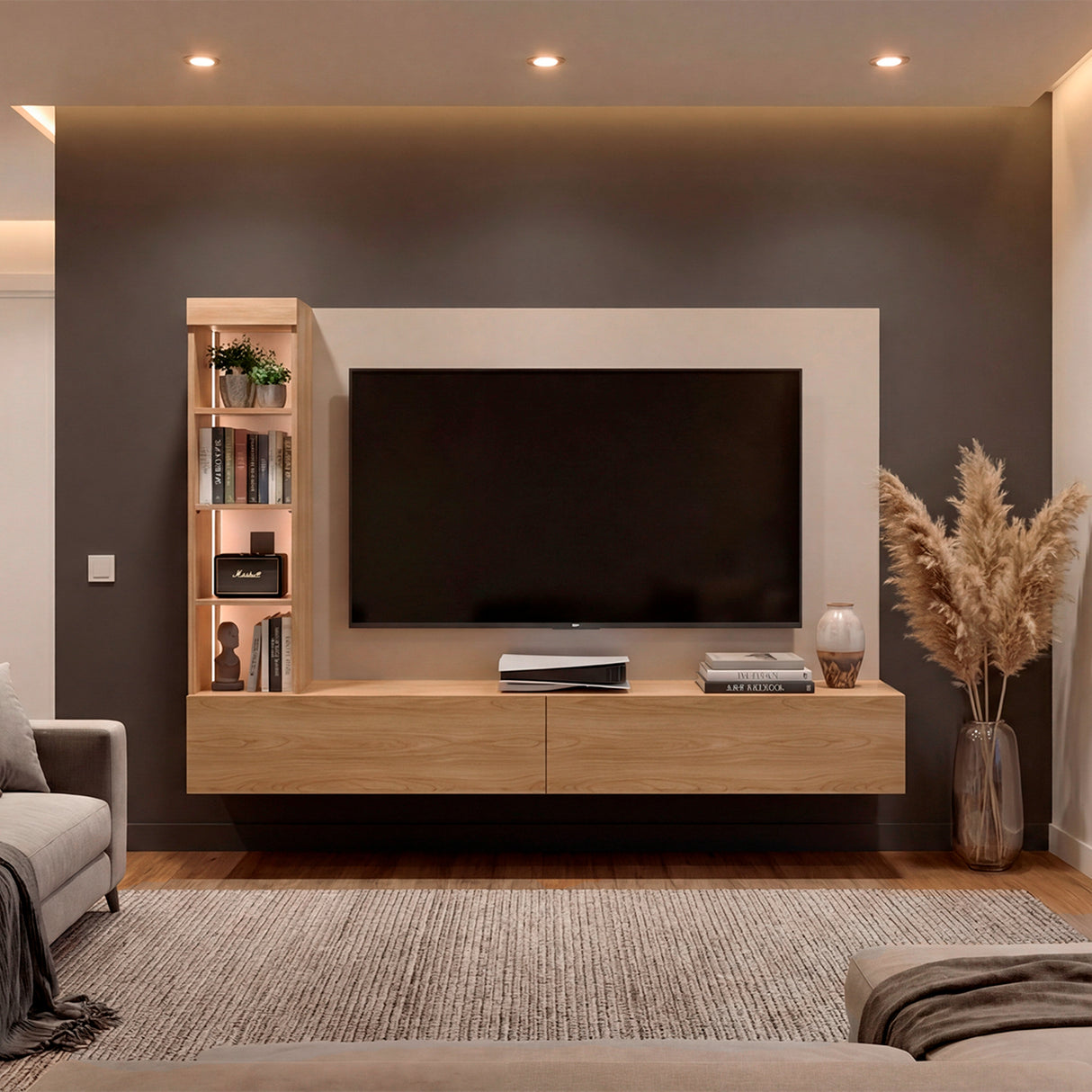 Panel de TV Ilus Capri y Fresno Europeo 185x127.5cm para TV Hasta 65 Pulgadas con Cuatro Compartimientos