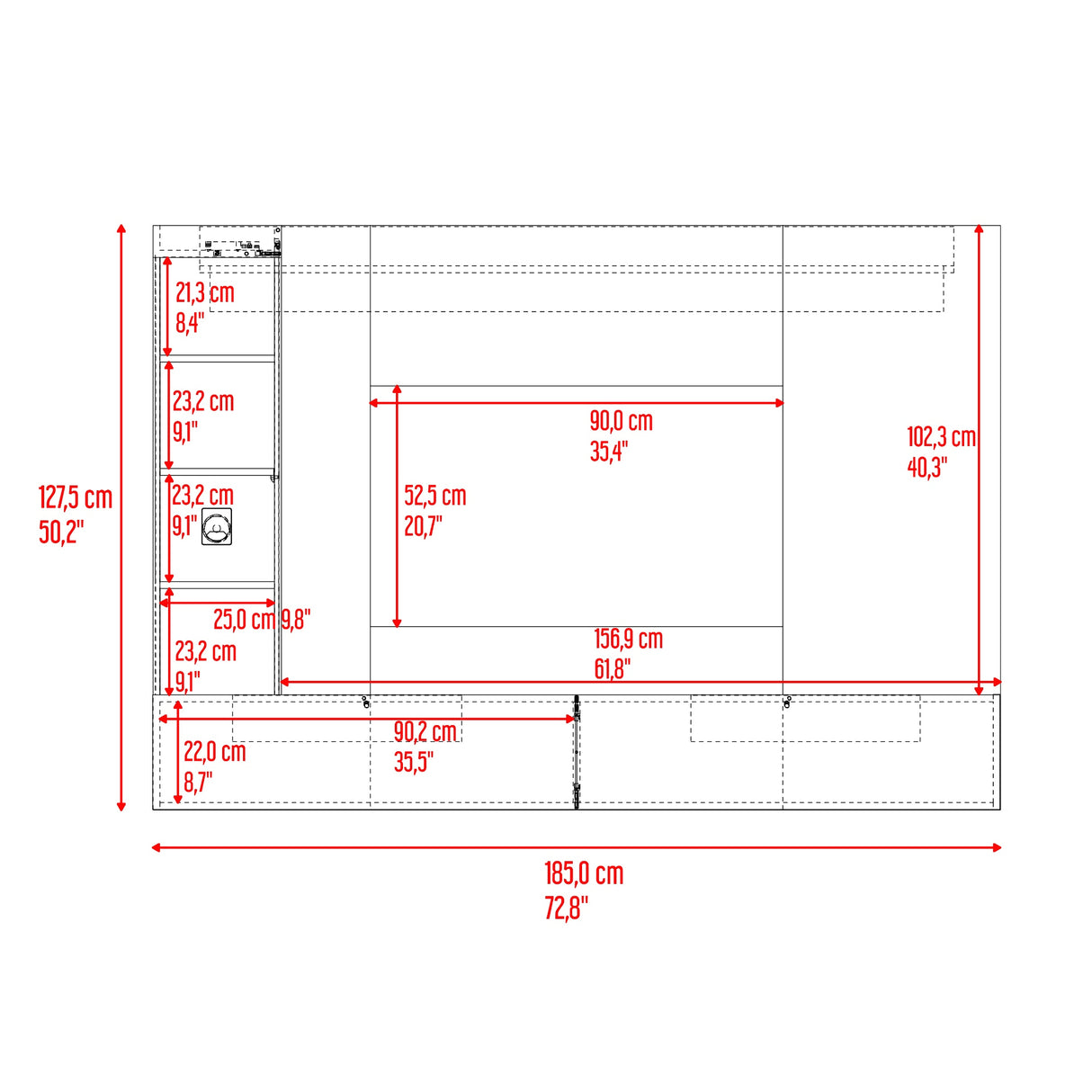 Panel de TV Ilus Capri y Fresno Europeo 185x127.5cm para TV Hasta 65 Pulgadas con Cuatro Compartimientos