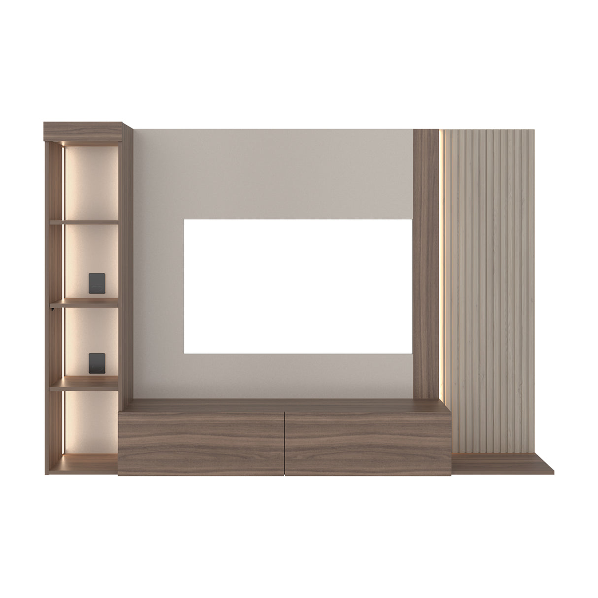 Panel de TV Gamma Capri y Avellana 184.2x127.5cm para TV Hasta 65 Pulgadas con Cuatro Compartimientos