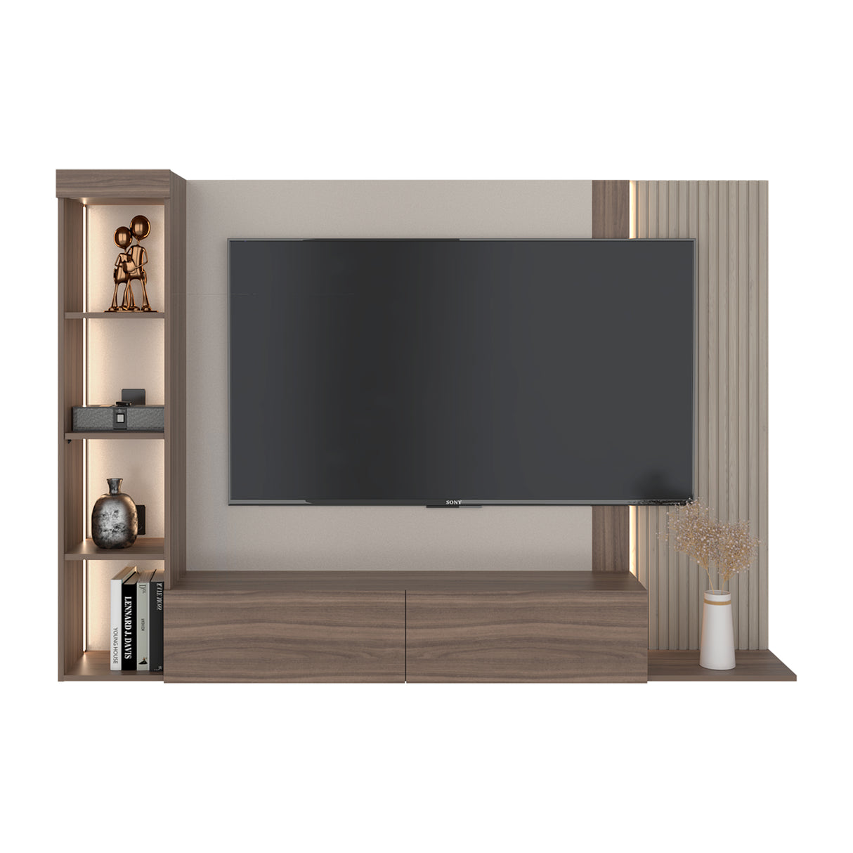Panel de TV Gamma Capri y Avellana 184.2x127.5cm para TV Hasta 65 Pulgadas con Cuatro Compartimientos