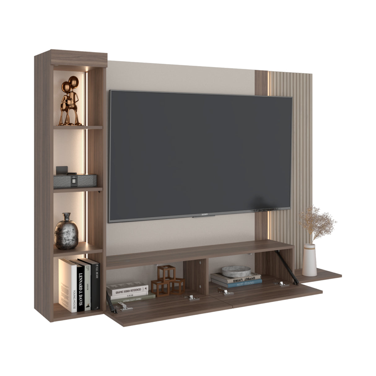 Panel de TV Gamma Capri y Avellana 184.2x127.5cm para TV Hasta 65 Pulgadas con Cuatro Compartimientos