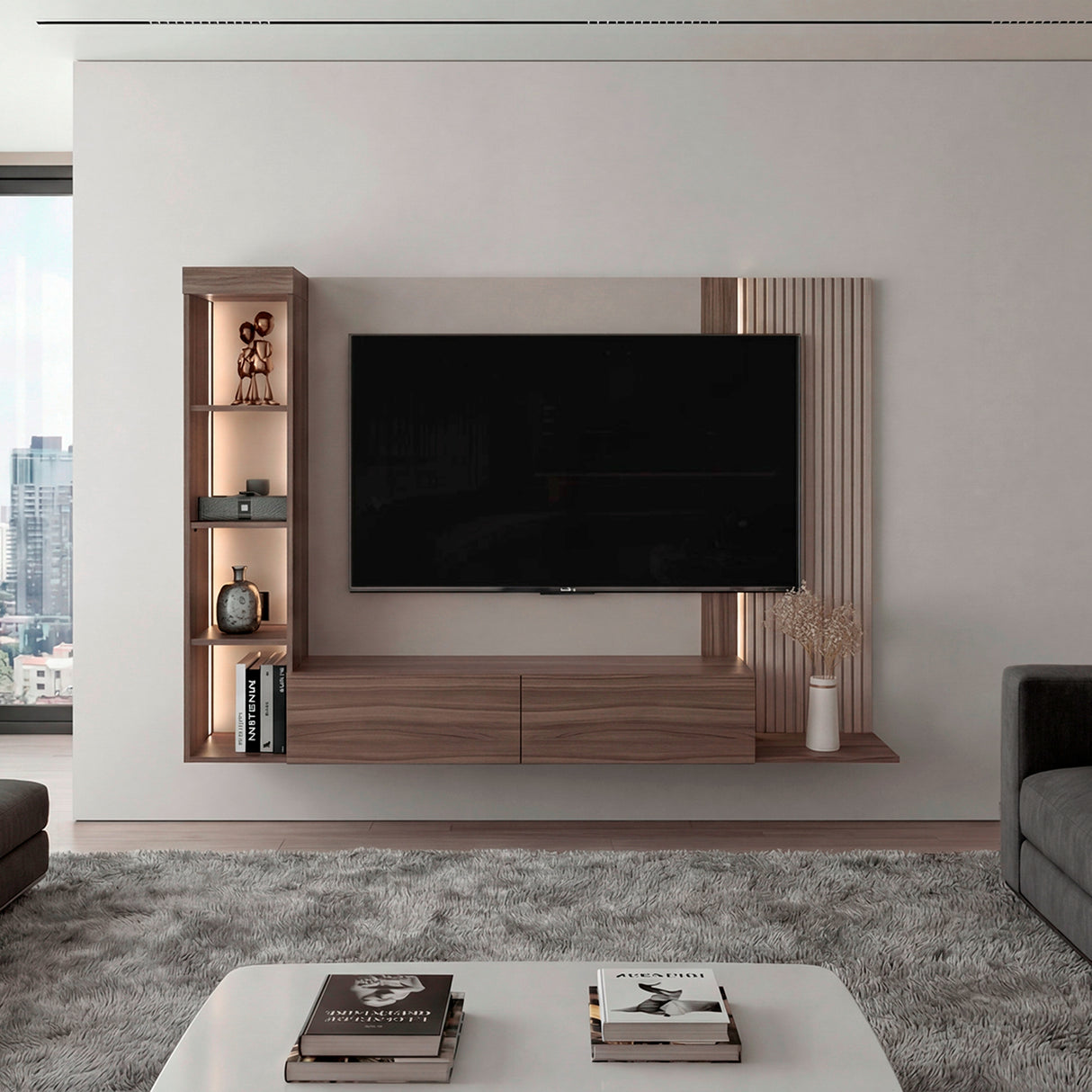 Panel de TV Gamma Capri y Avellana 184.2x127.5cm para TV Hasta 65 Pulgadas con Cuatro Compartimientos