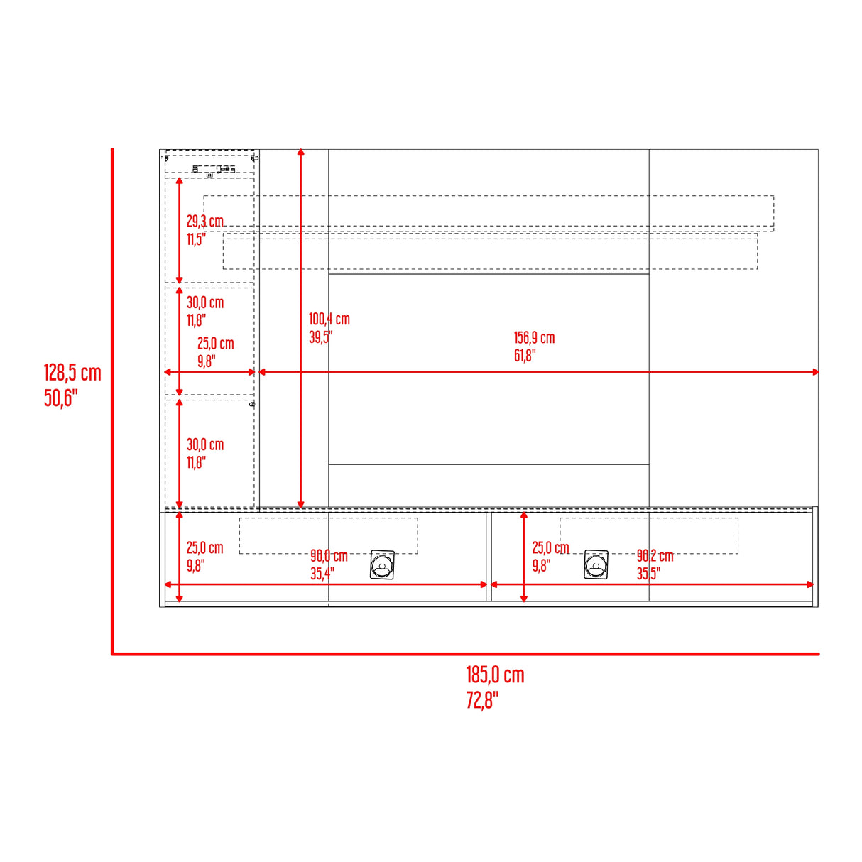 Panel de TV Beta Wengue y Mamba 185x128.5cm para TV Hasta 65 Pulgadas con Dos Compartimientos - MUEBLES DE TV | Bylmo
