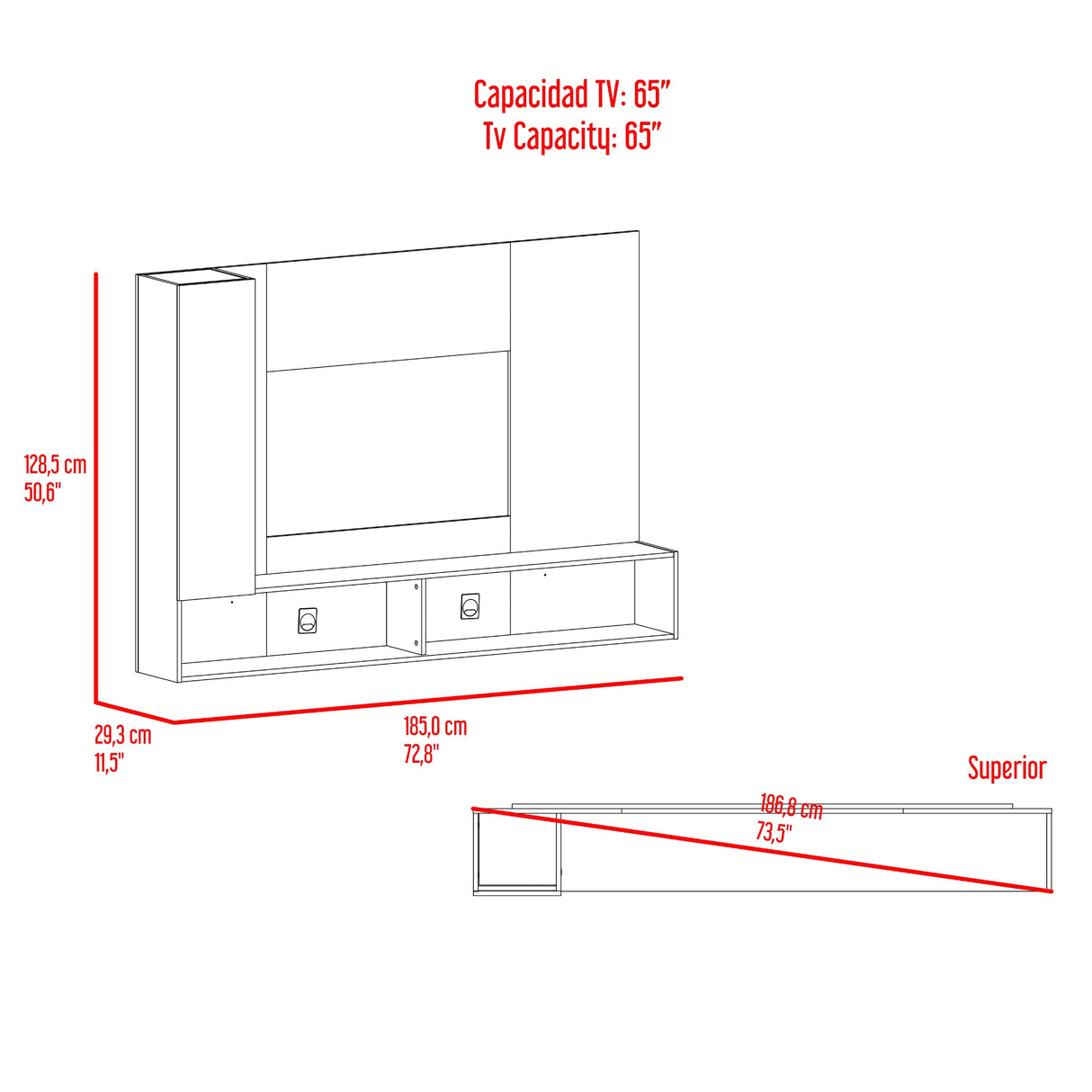 Panel de TV Beta Wengue y Mamba 185x128.5cm para TV Hasta 65 Pulgadas con Dos Compartimientos - MUEBLES DE TV | Bylmo
