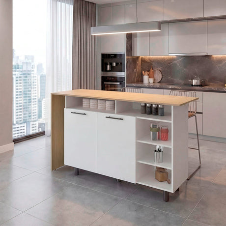 Isla de Cocina Corcega Blanco y Fresno 150x89.5cm con Cinco Compartimientos y con Dos Entrepaños - BARRAS Y MUEBLES AUXILIARES | Bylmo