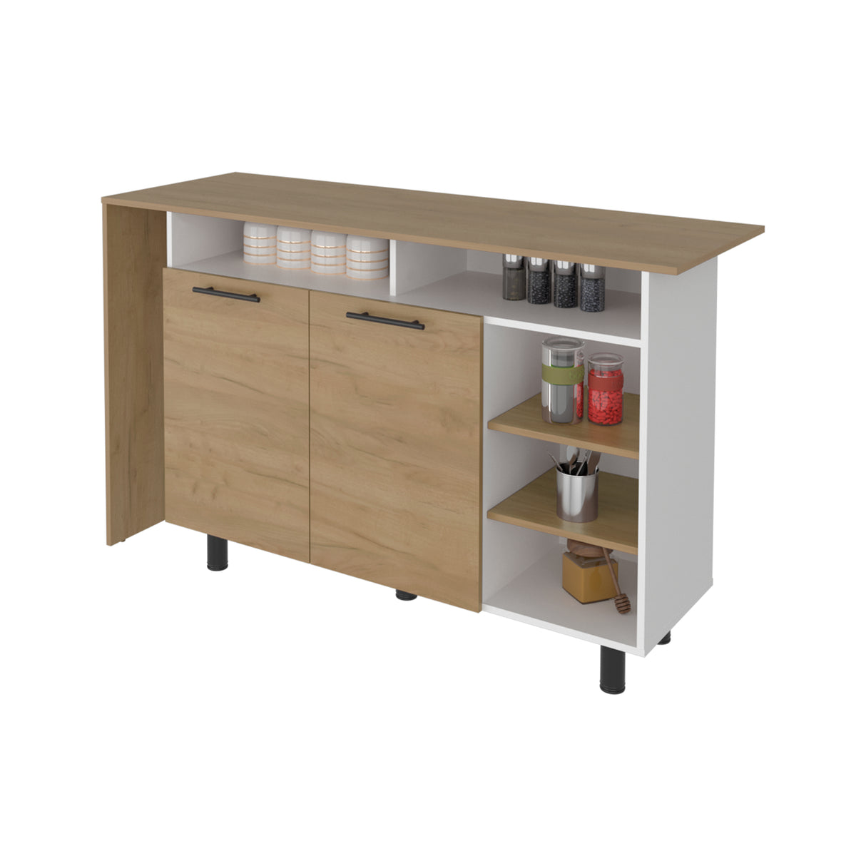 Isla de Cocina Corcega Fresno y Blanco 180x212cm con Cinco Compartimientos y con Dos Entrepaños - BARRAS Y MUEBLES AUXILIARES | Bylmo