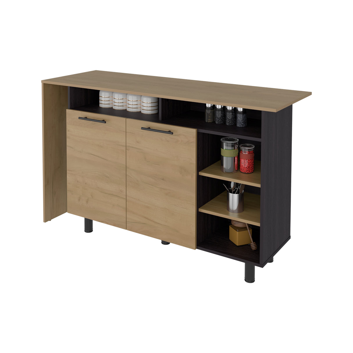 Isla de Cocina Corcega Wengue y Fresno 180x212cm con Cinco Compartimientos y con Dos Entrepaños - BARRAS Y MUEBLES AUXILIARES | Bylmo