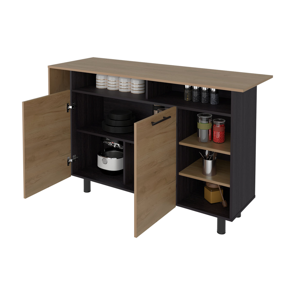 Isla de Cocina Corcega Wengue y Fresno 180x212cm con Cinco Compartimientos y con Dos Entrepaños - BARRAS Y MUEBLES AUXILIARES | Bylmo