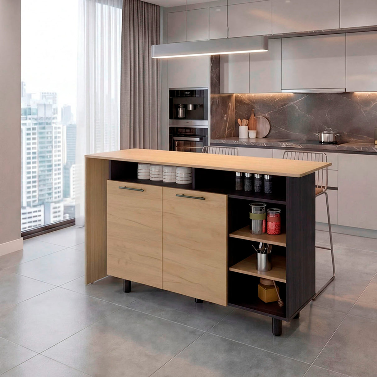 Isla de Cocina Corcega Wengue y Fresno 180x212cm con Cinco Compartimientos y con Dos Entrepaños - BARRAS Y MUEBLES AUXILIARES | Bylmo