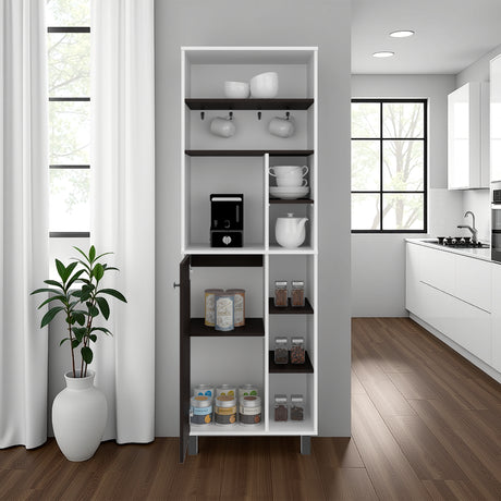 Mueble Auxiliar de Cocina Carajillo Blanco y Nogal 60x180cm con Cinco Compartimientos y con Cinco Entrepaños - BARRAS Y MUEBLES AUXILIARES | Bylmo