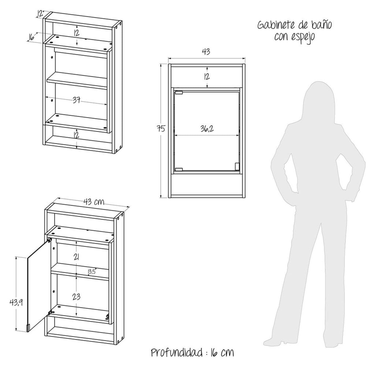 Gabinete con Espejo para Baño Galicia Rovere y Blanco 43x75cm Rectangular con Una Puerta y Tres Entrepaños