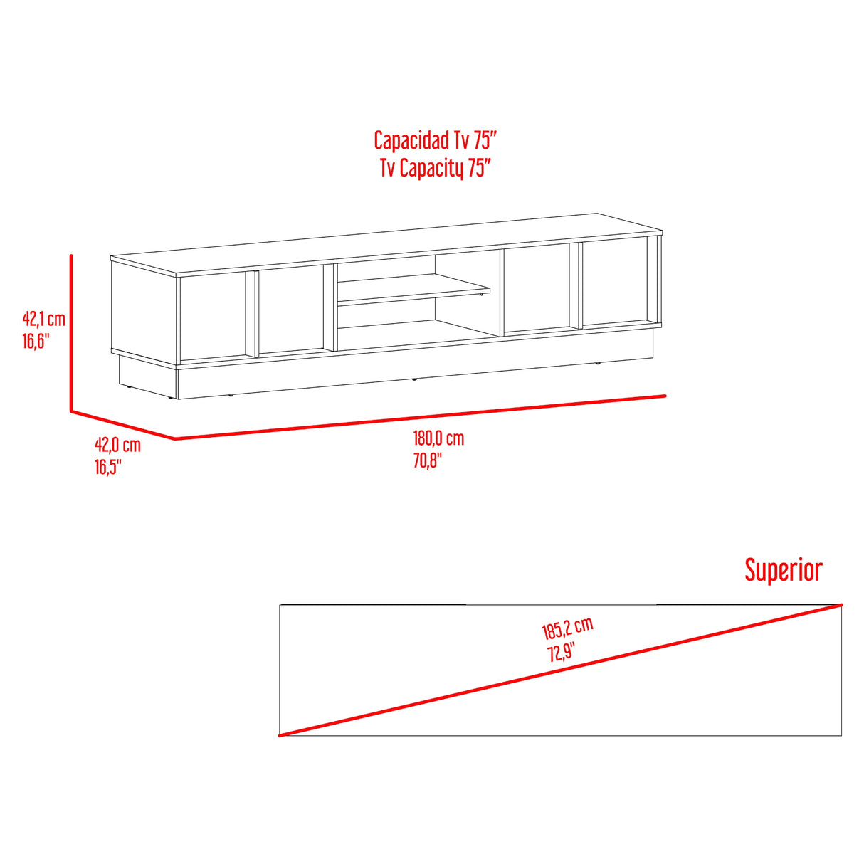Rack de TV Caoba Nogal 180.2x42.1cm para TV Hasta 75" Pulgadas con Dos Compartimientos