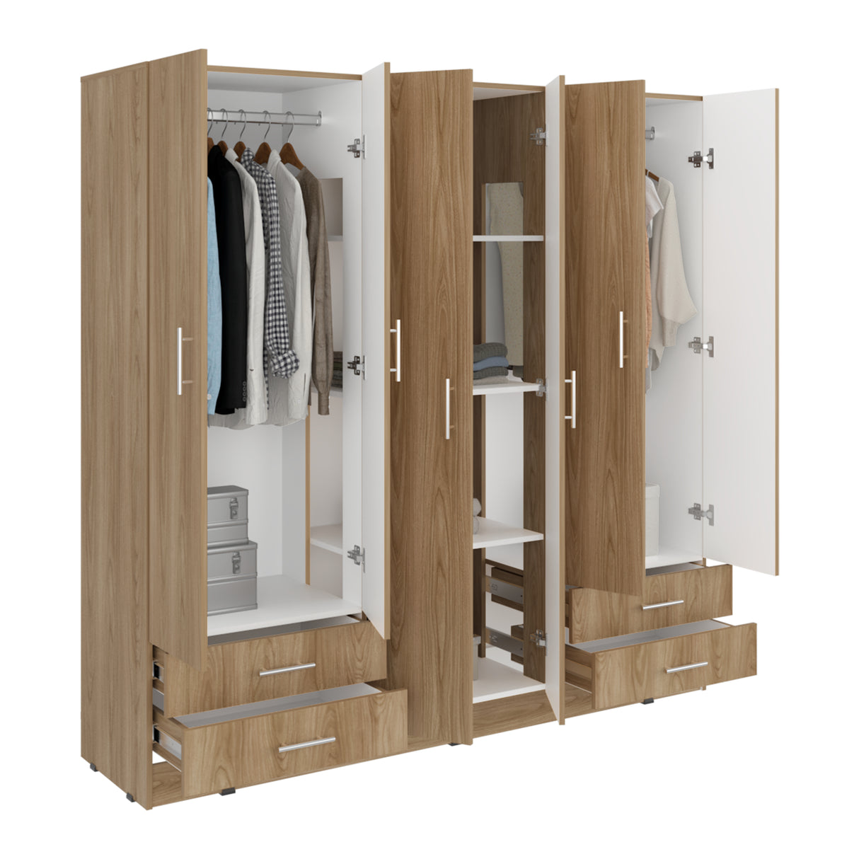 Closet Petunia Fresno Europeo y Blanco 180x180cm con Seis Puertas y con Cuatro Cajones