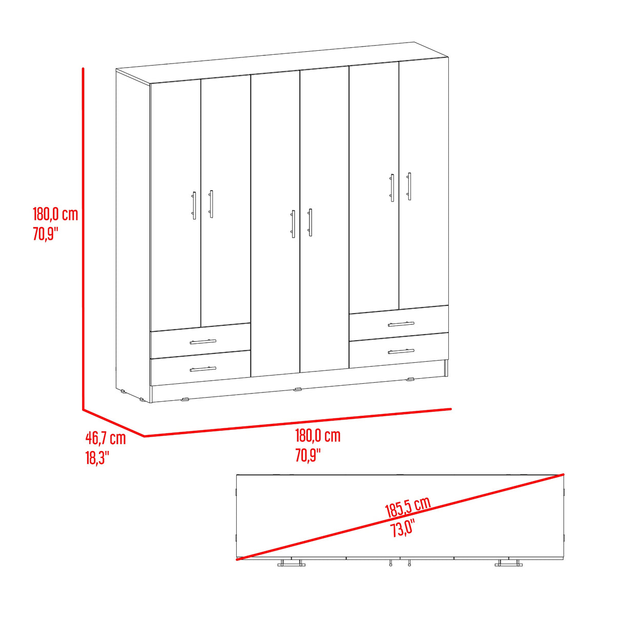 Closet Petunia Fresno Europeo y Blanco 180x180cm con Seis Puertas y con Cuatro Cajones