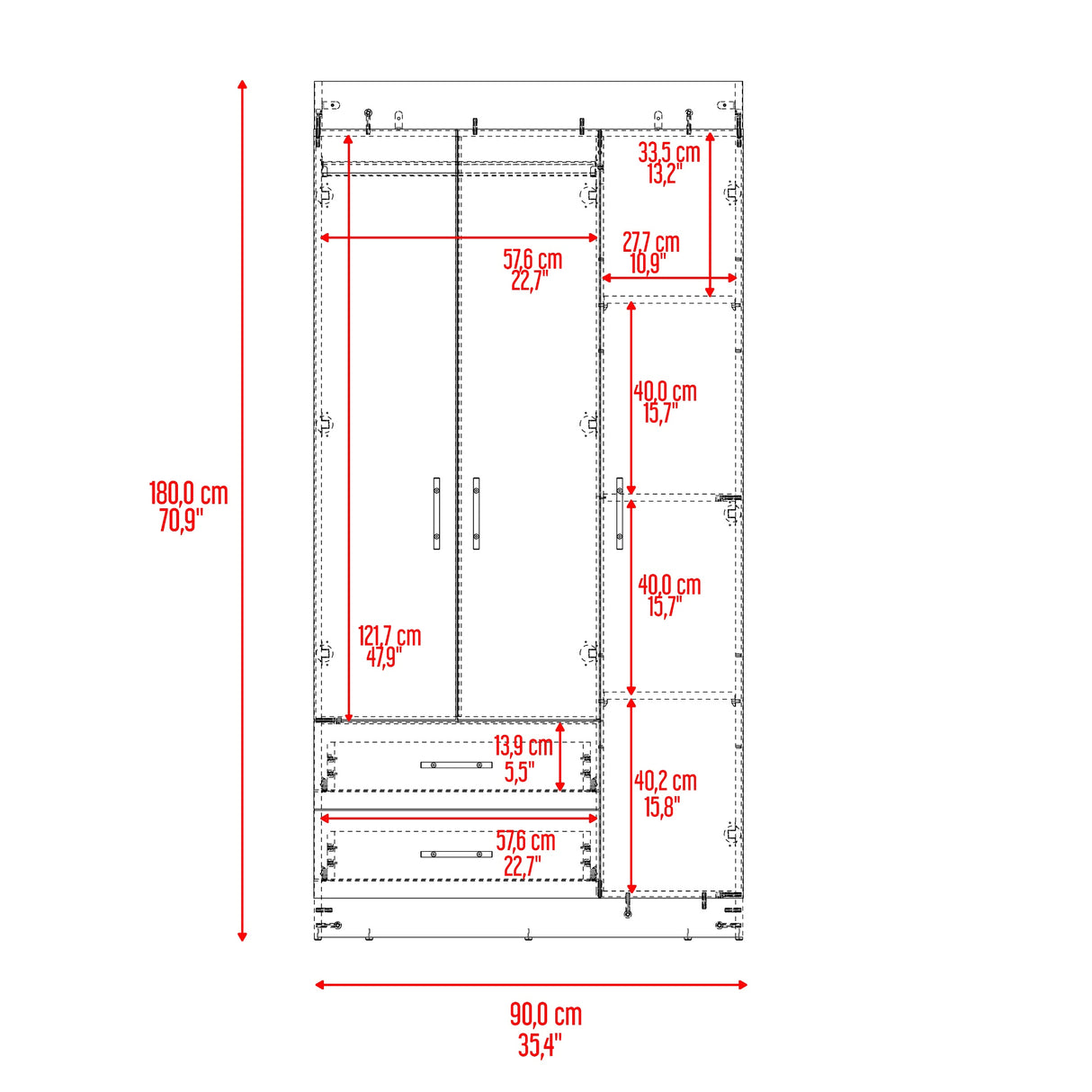 Closet Houston Positano y Wengue 90x180cm con Tres Puertas y con Dos Cajones