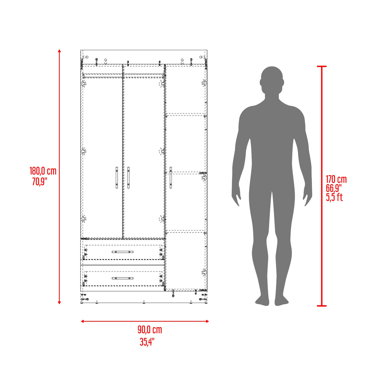 Closet Houston Positano y Wengue 90x180cm con Tres Puertas y con Dos Cajones