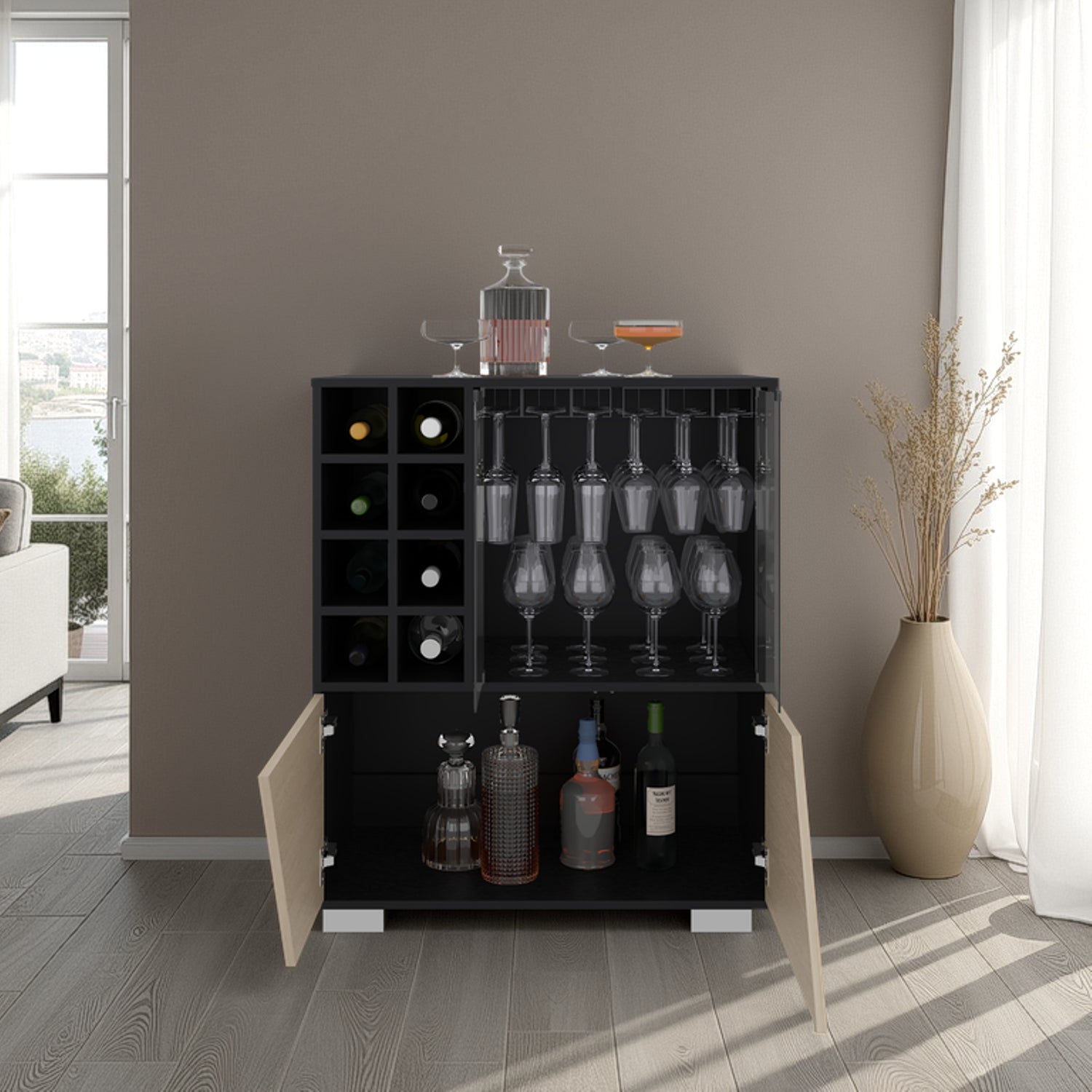 Bar Fraktal Wengue Cartagena 78.8x94.9cm con Dos Portacopas y con Ocho Portabotellas