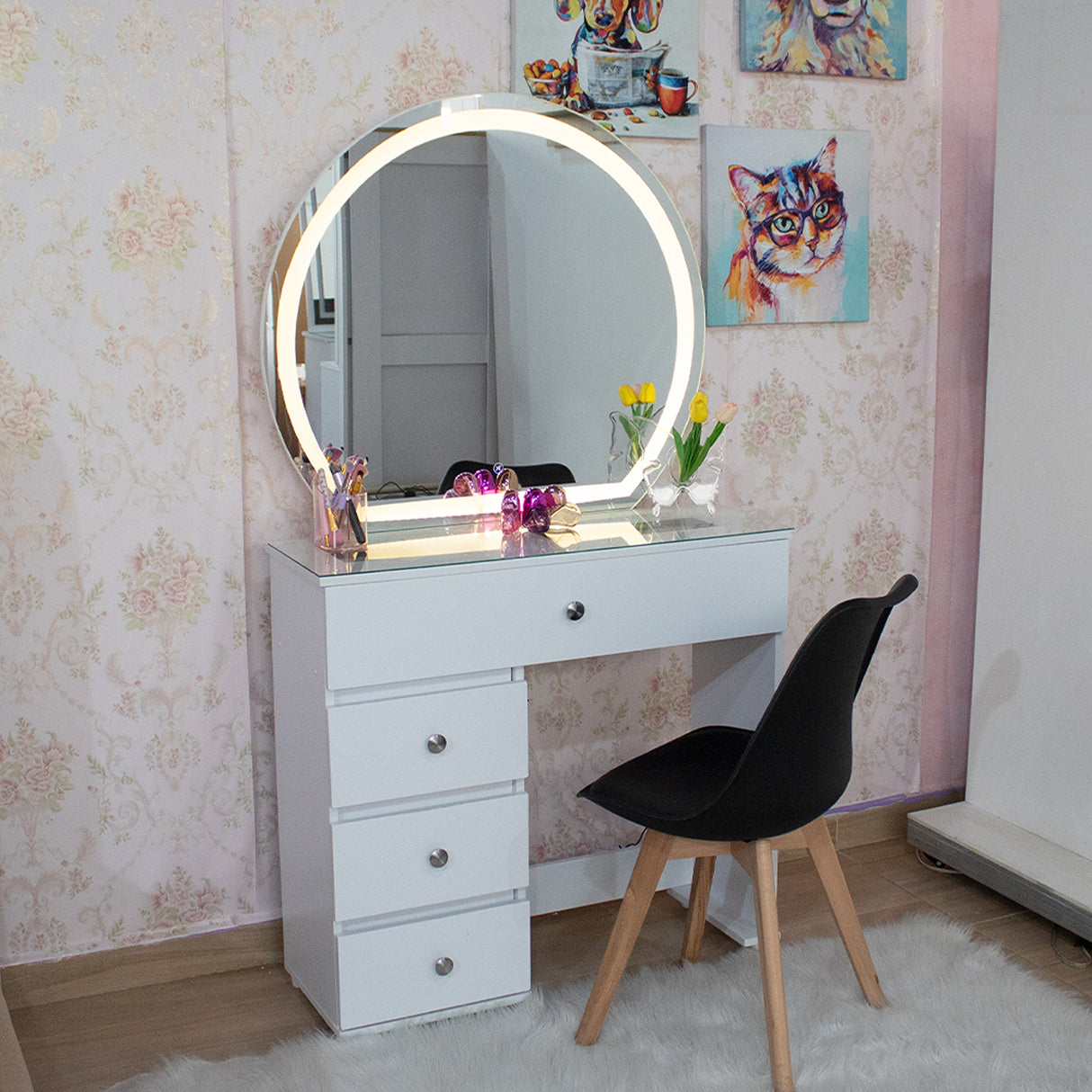 Tocador Jazmín Blanco 32x172cm de Un Puesto con Cuatro Cajones con Espejo y con Iluminación