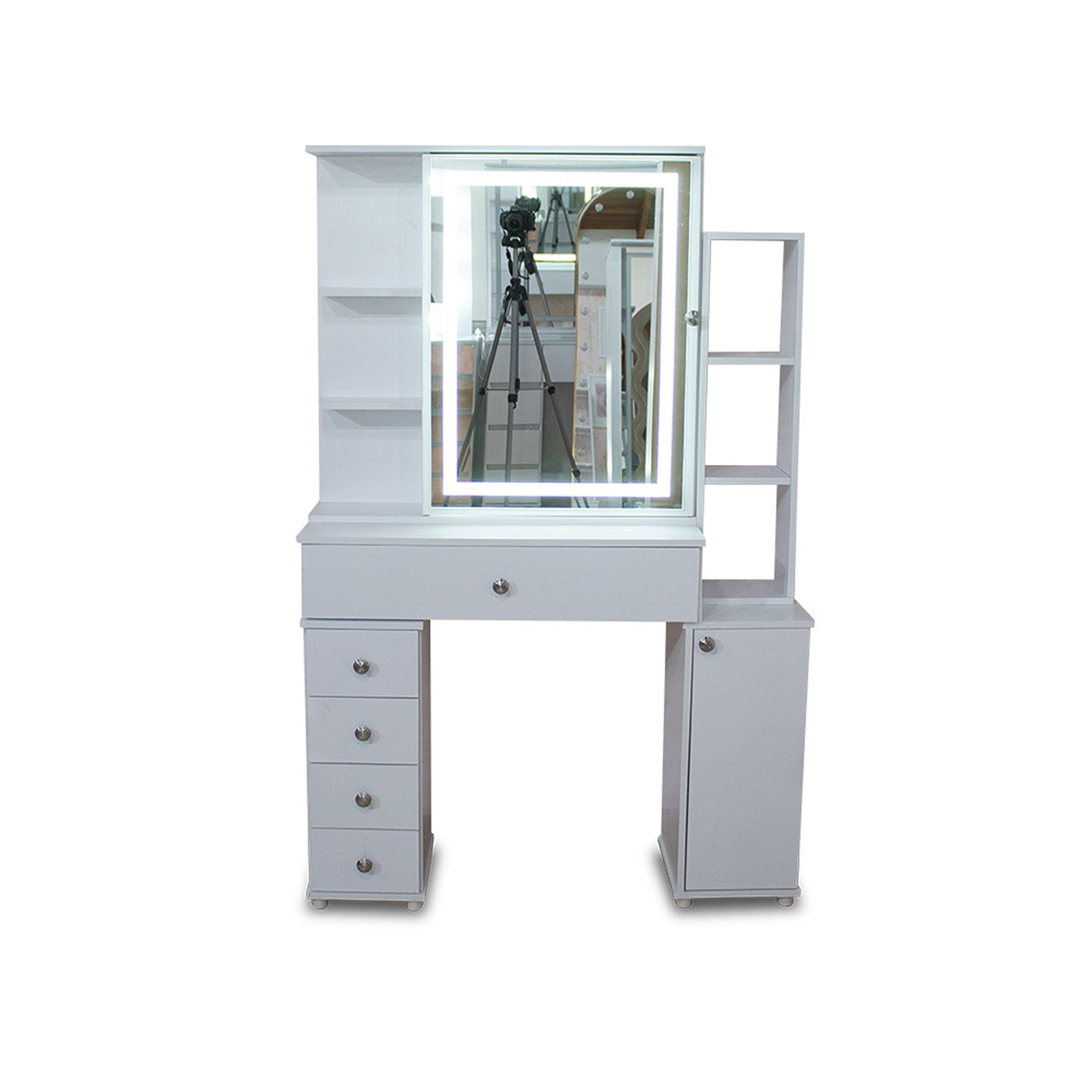 Tocador ZAfiro Blanco 32x165cm de Un Puesto con Cinco Cajones con Espejo y con Iluminación