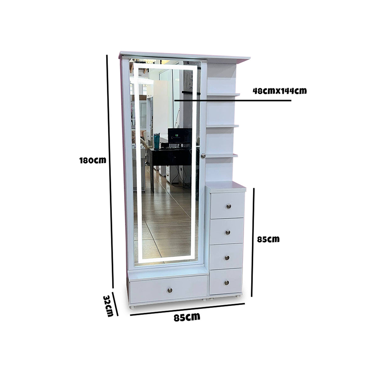 Tocador Vanity Blanco 32x180cm de Un Puesto con Seis Cajones con Espejo y con Iluminación