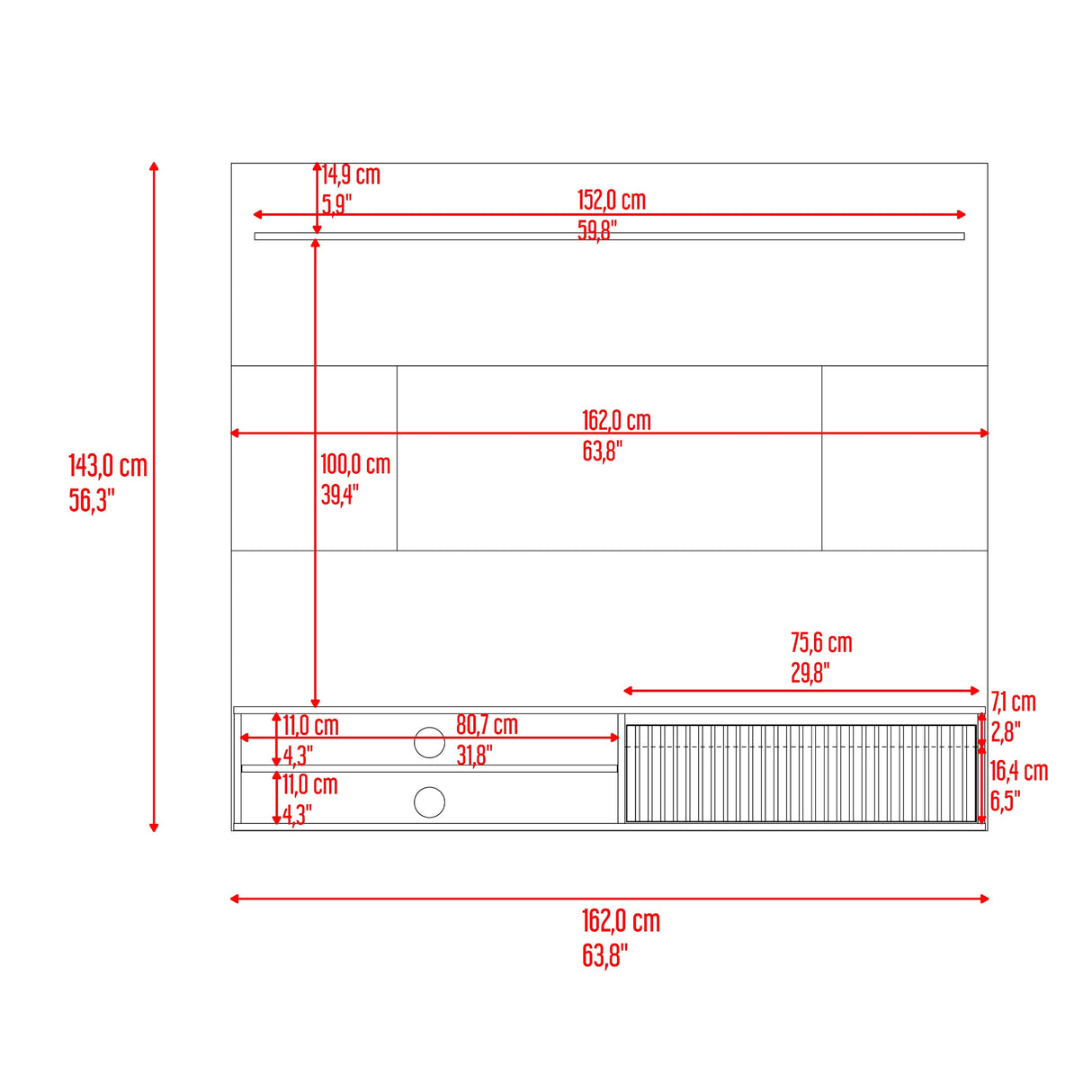 Panel de TV Bowie Plomo 162x143cm Flotante Para TV Hasta 65 Pulgadas con Dos Compartimientos y con Ranura para Cables