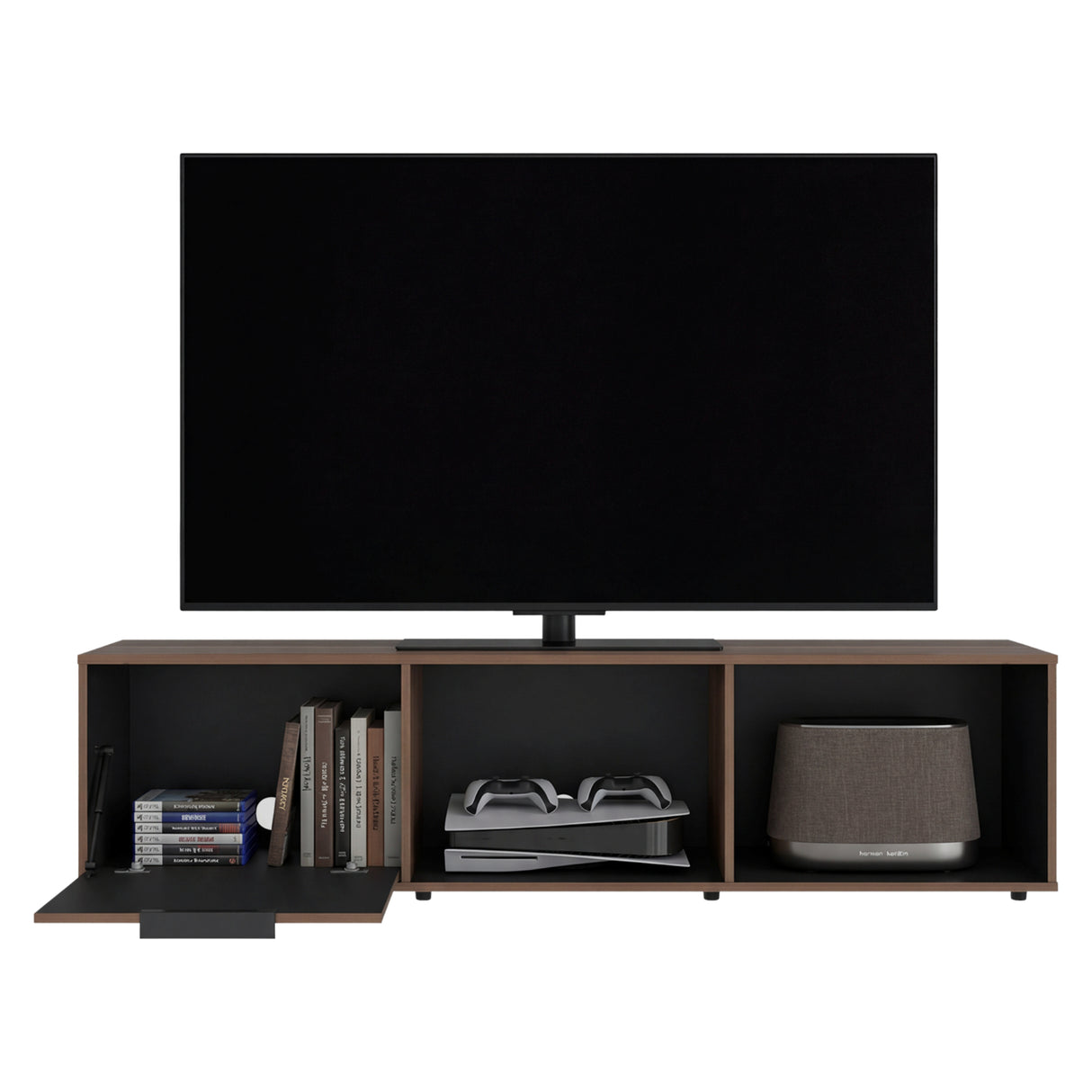 Rack de TV Dorne Avellana y Wengue 162x41.1cm Para TV Hasta 65 Pulgadas con Dos Compartimientos y con Ranura para Cables