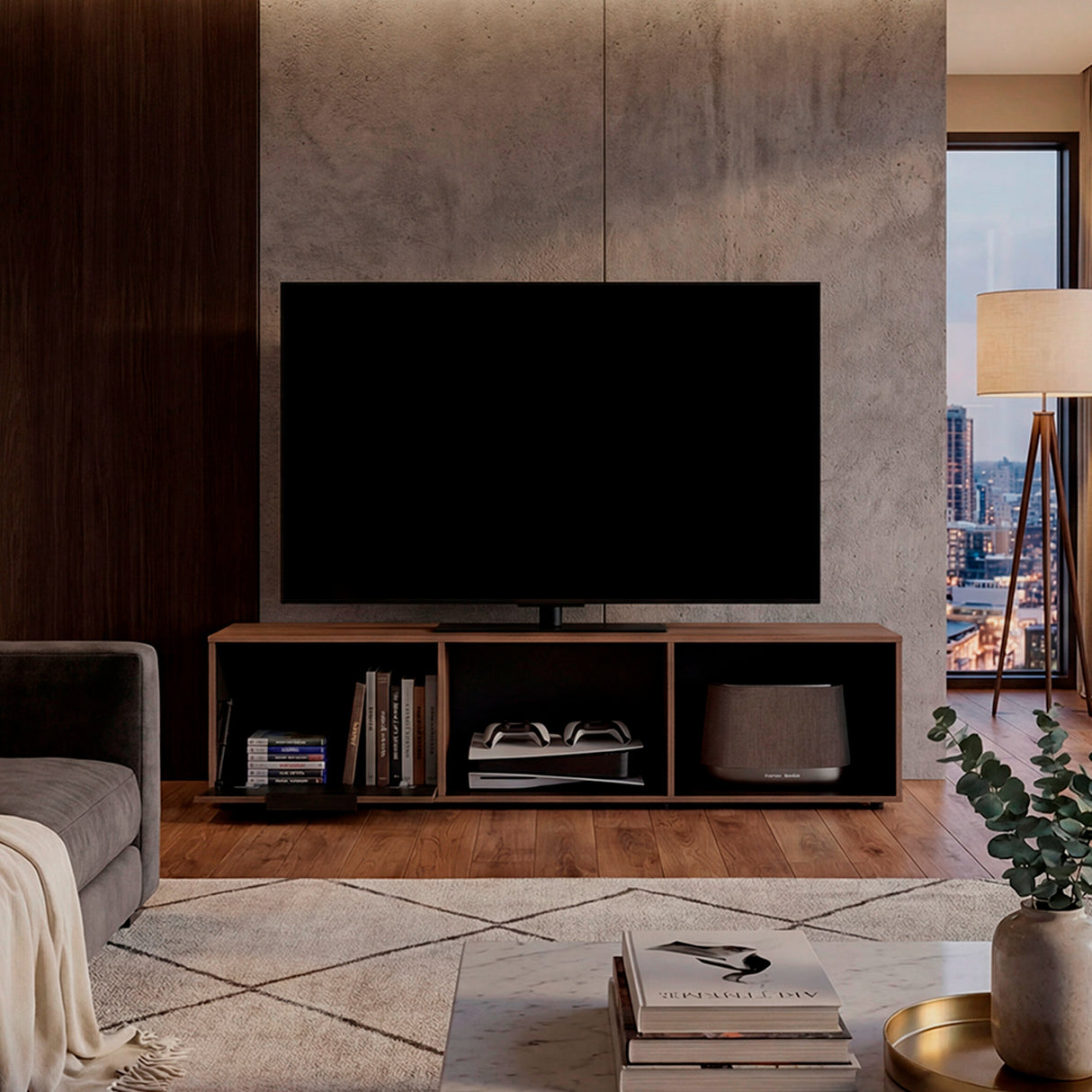 Rack de TV Dorne Avellana y Wengue 162x41.1cm Para TV Hasta 65 Pulgadas con Dos Compartimientos y con Ranura para Cables