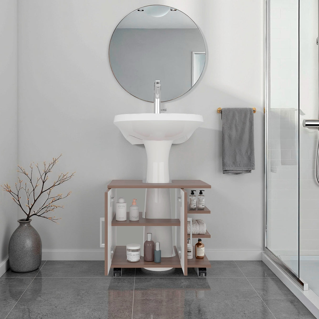 Mueble para Lavamanos Bath Avellana 55x50cm Individual sin Lavamanos con Una Puerta y con Ruedas