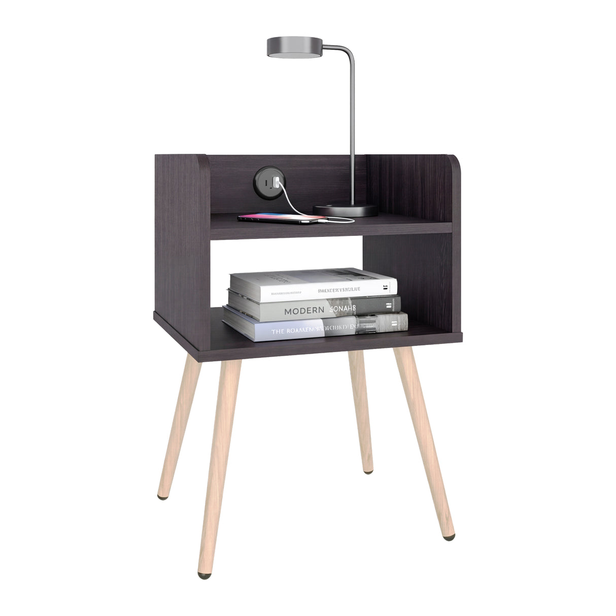 Mesa de Noche Didi Wengue 40x58cm con Un Compartimiento y con Conector de Carga USB