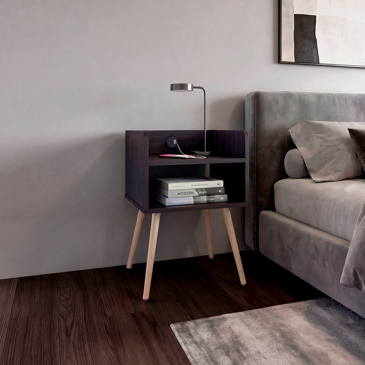 Mesa de Noche Didi Wengue 40x58cm con Un Compartimiento y con Conector de Carga USB