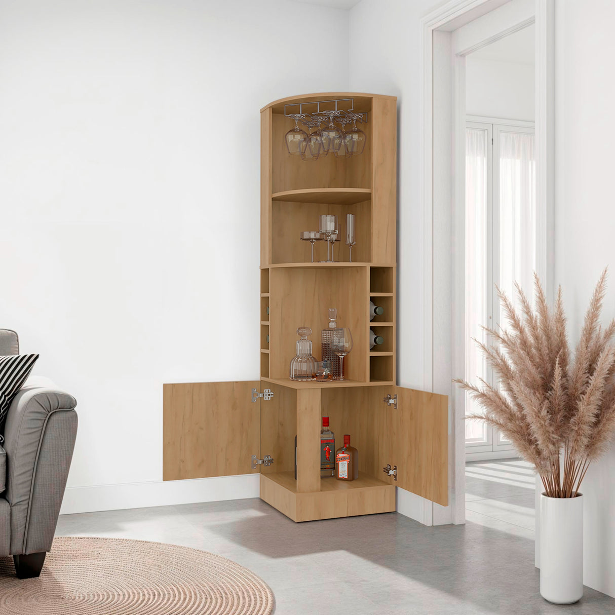 Bar Beijing Fresno 46.9x180.6cm con Tres Compartimientos y con Ocho Portabotellas