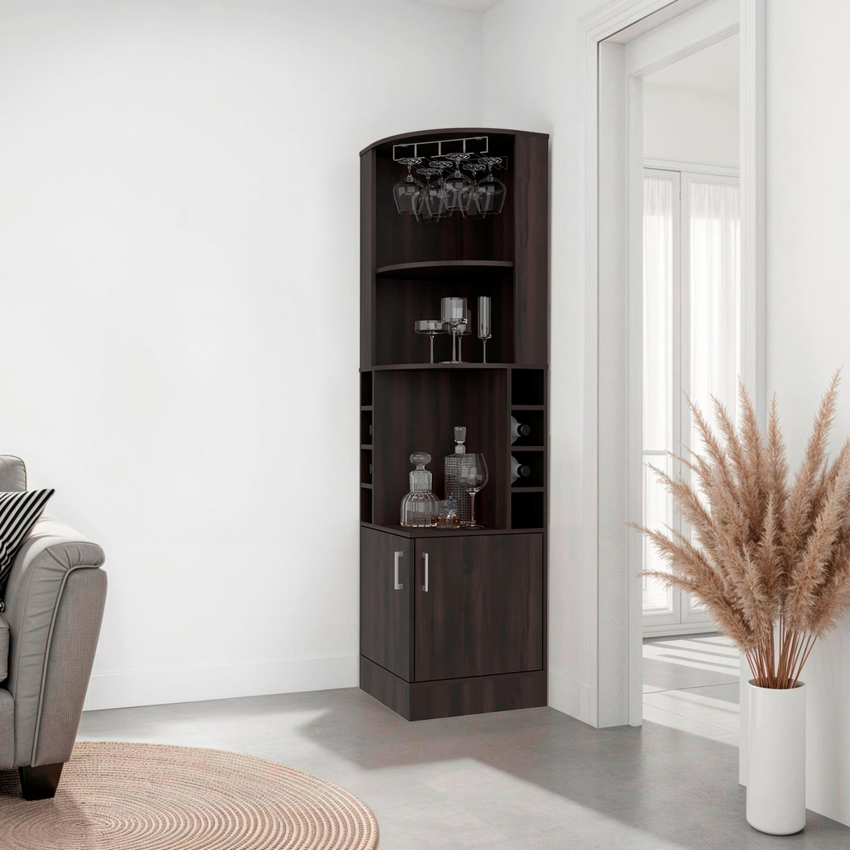Bar Beijing Nogal 46.9x180.6cm con Tres Compartimientos y con Ocho Portabotellas