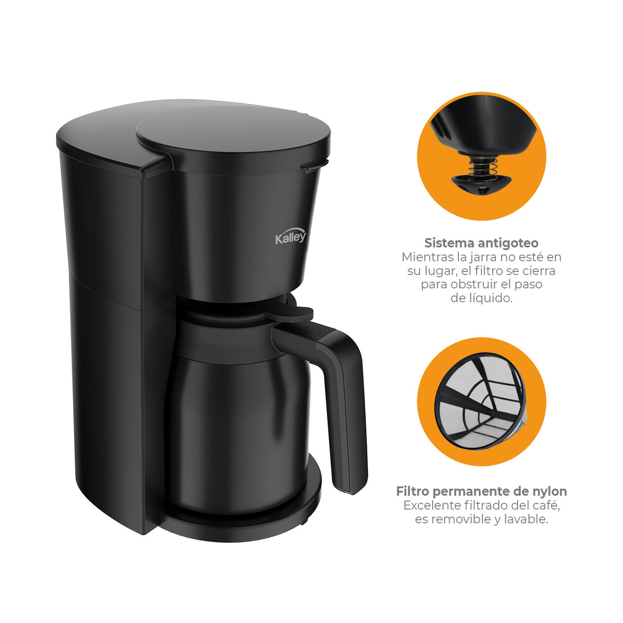 Cafetera Eléctrica Kalley Negro 25.6x33.5cm para Ocho Tazas con Sistema Antigoteo