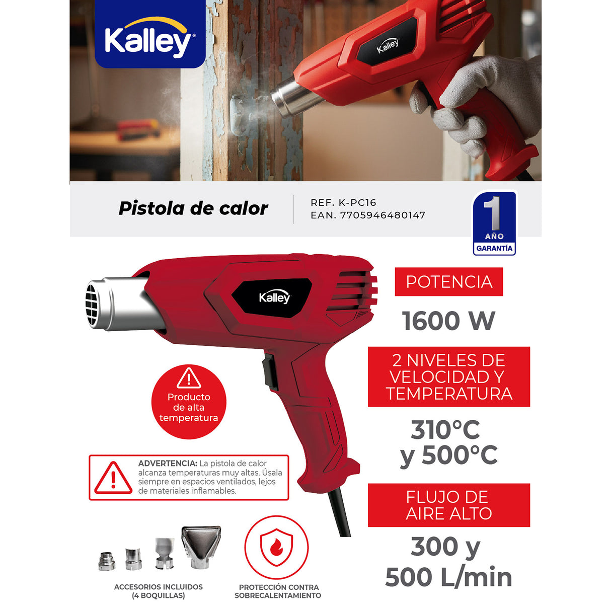 Pistola de Calor Kalley Rojo 22.8x20cm