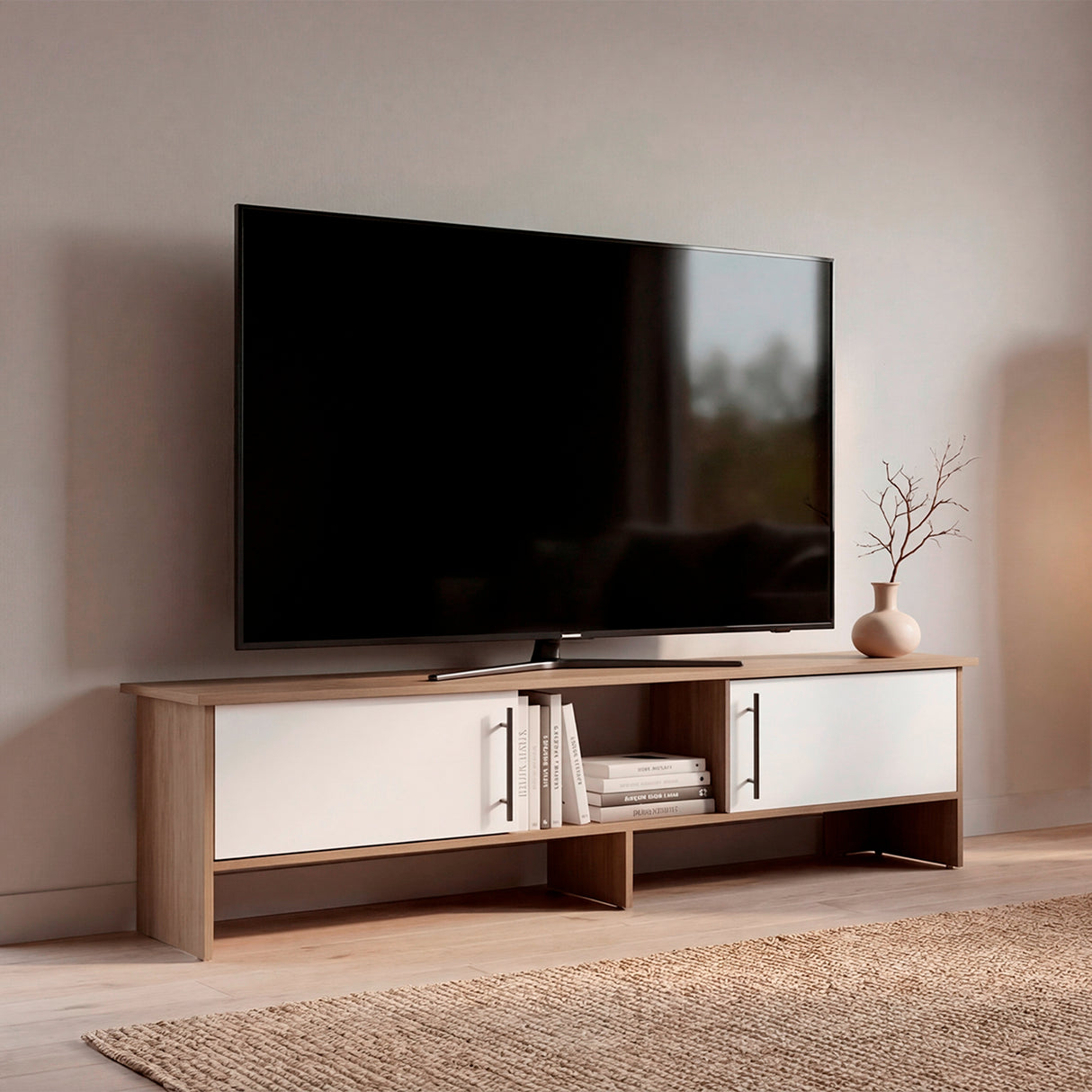Rack de TV Dago Fresno Europeo y Blanco 160x41.8cm para TV Hasta 65" Pulgadas con Un Compartimiento